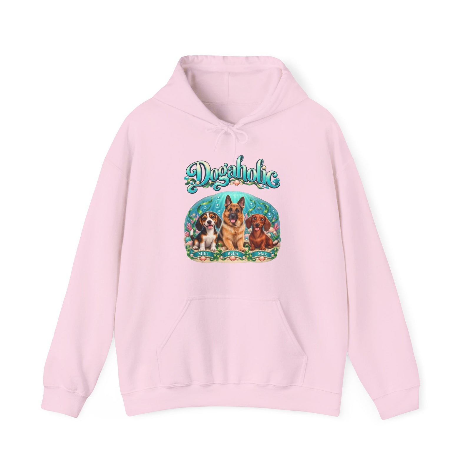 Personalized Graphic Tee – Dogaholic Mermaid Dogs – Hoodie Light Pink