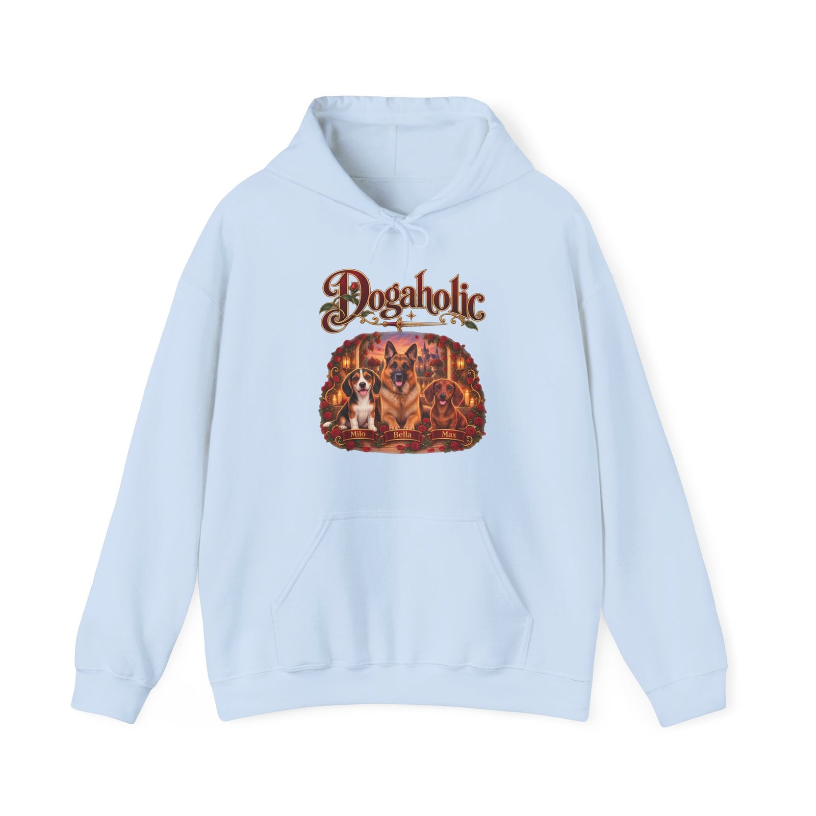 Personalized Graphic Tee – Dogaholic Rose Fantasy – Hoodie Light Blue