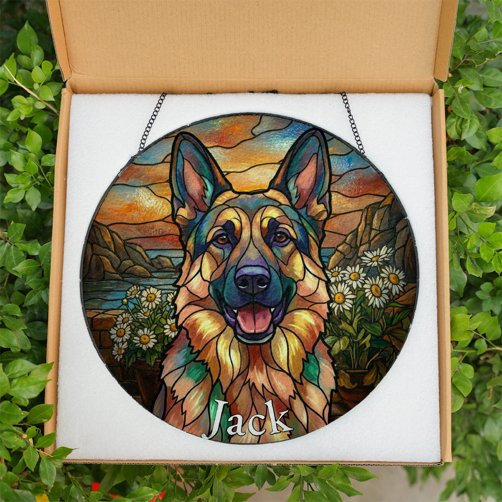 Personalized German Shepherd Daisy Stained Glass Ornament