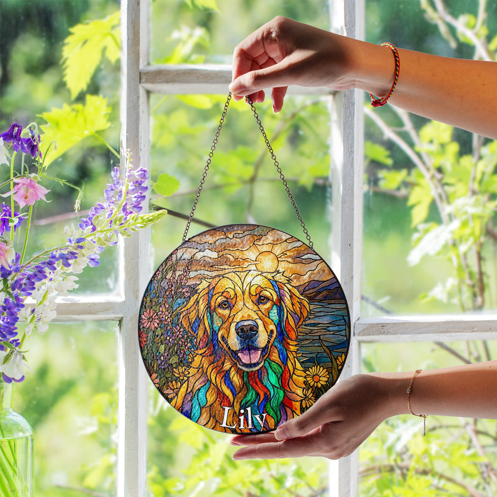 Personalized Dog And Flowers Stained Glass Ornament