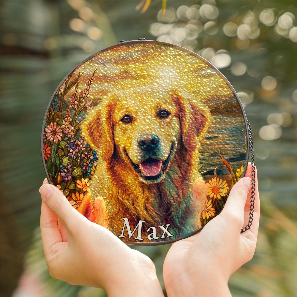 Personalized Floral Golden Retriever Stained Glass Ornament