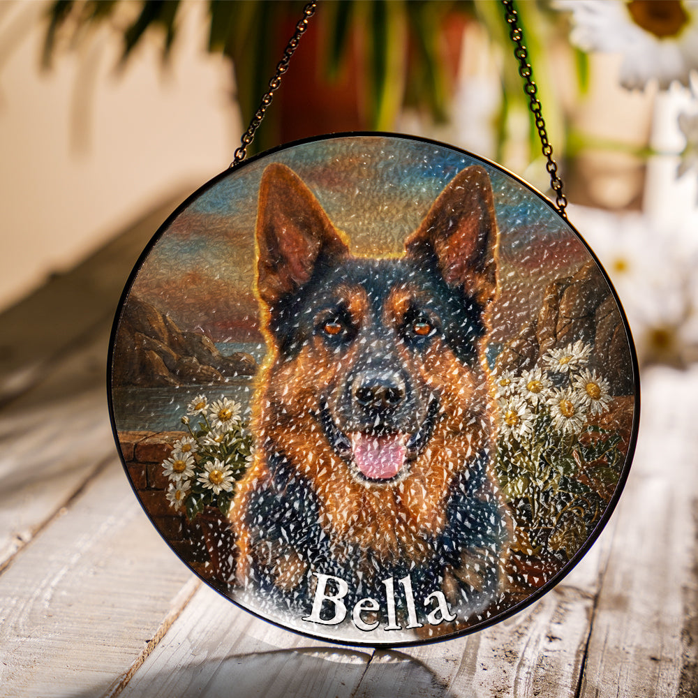 Personalized German Shepherd Daisies Stained Glass Ornament