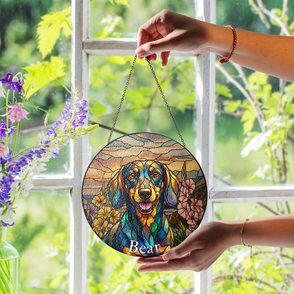 Personalized Dachshund & Flowers Stained Glass Ornament