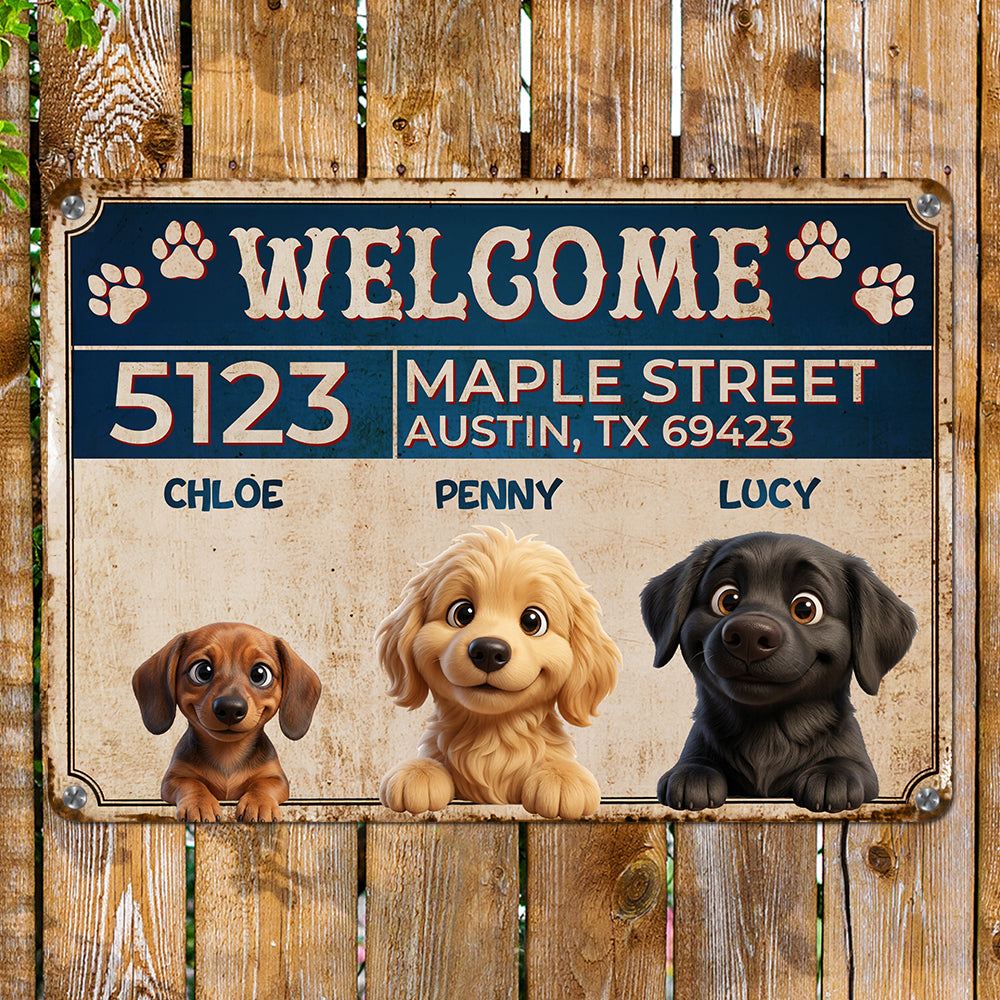 Personalized Dog Peeking Cartoon Welcome Sign Metal Sign