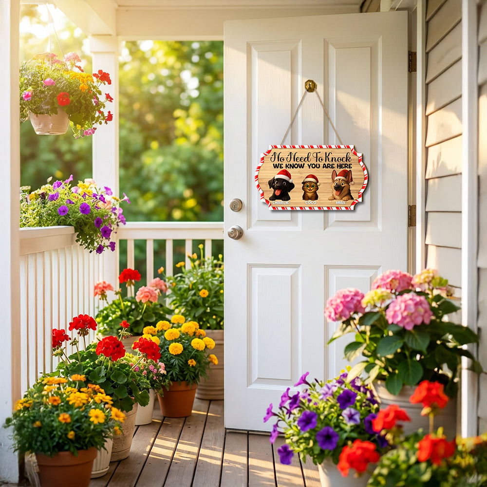 Personalized Christmas Pet Door Sign – “No Need to Knock, We Know You Are Here” – Cat & Dog Wooden Sign - Upload Photo