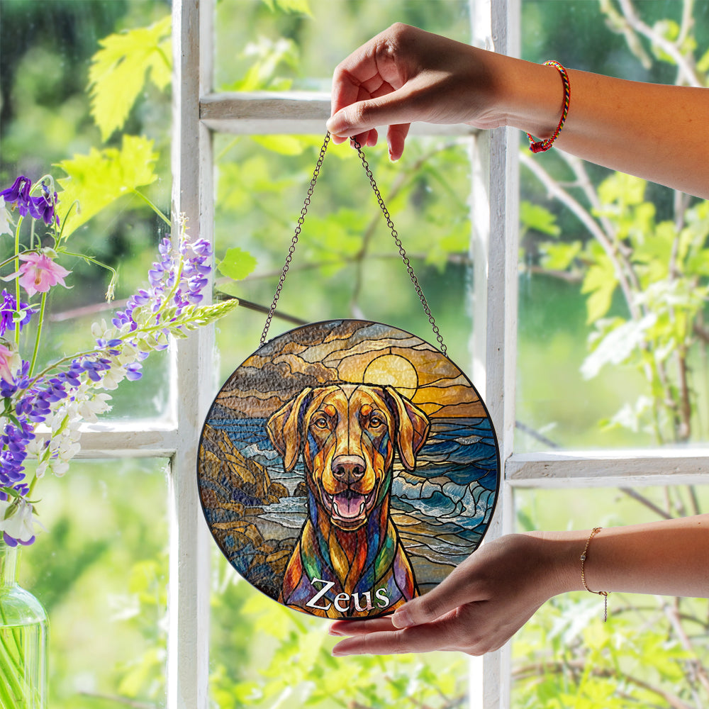 Personalized Dog At The Beach Stained Glass Ornament