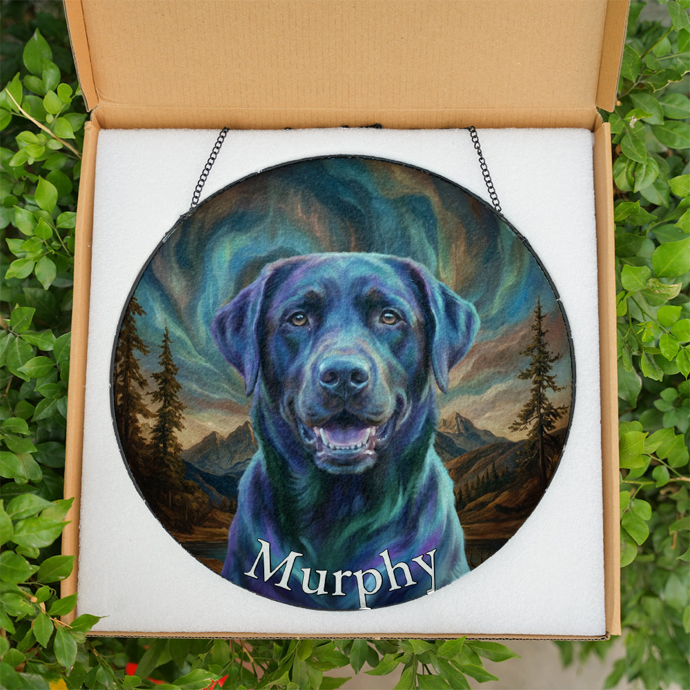 Personalized Black Lab Mountain Stained Glass Ornament