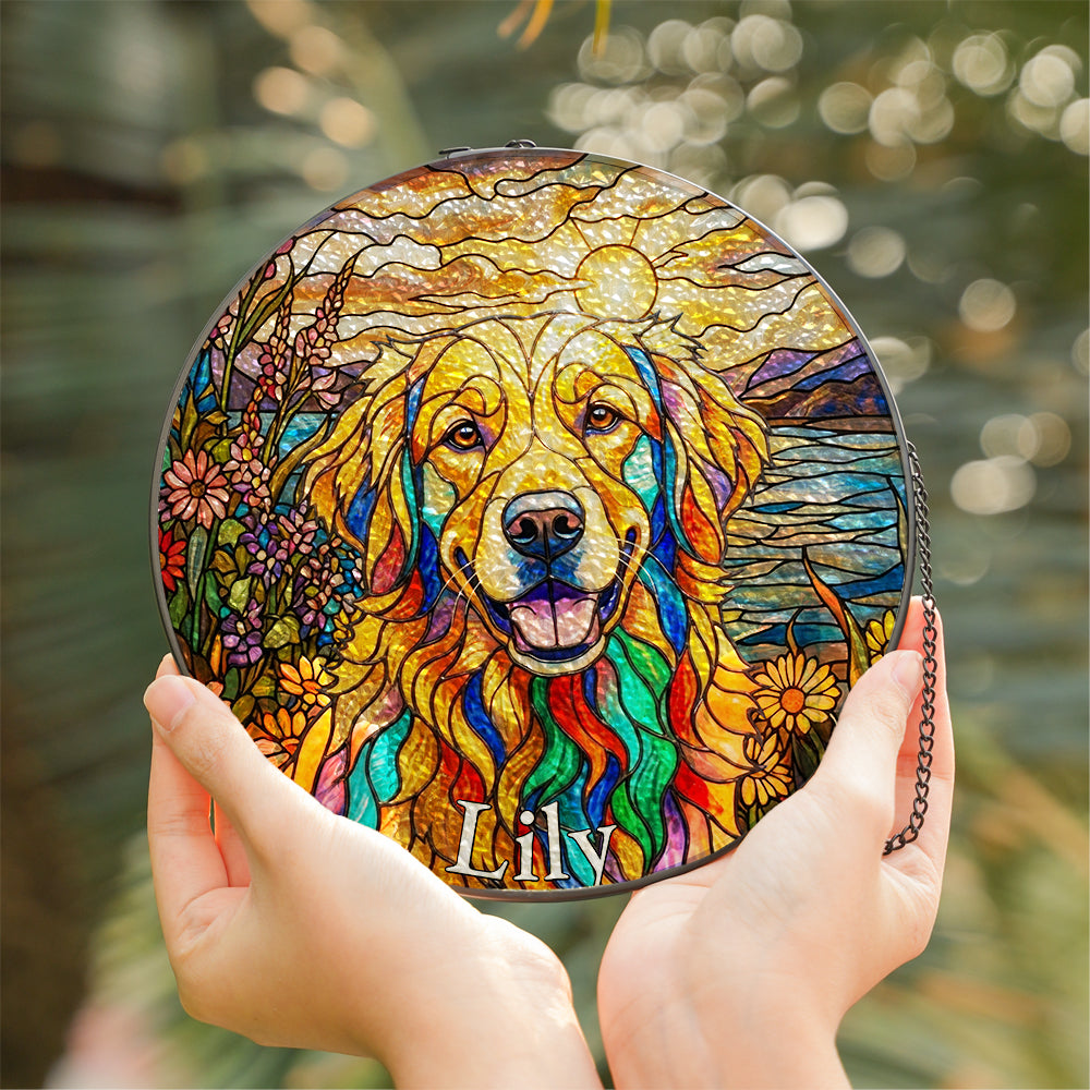 Personalized Dog And Flowers Stained Glass Ornament