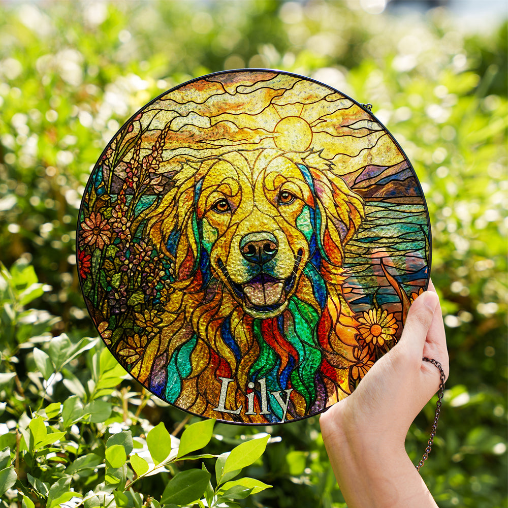 Personalized Dog And Flowers Stained Glass Ornament