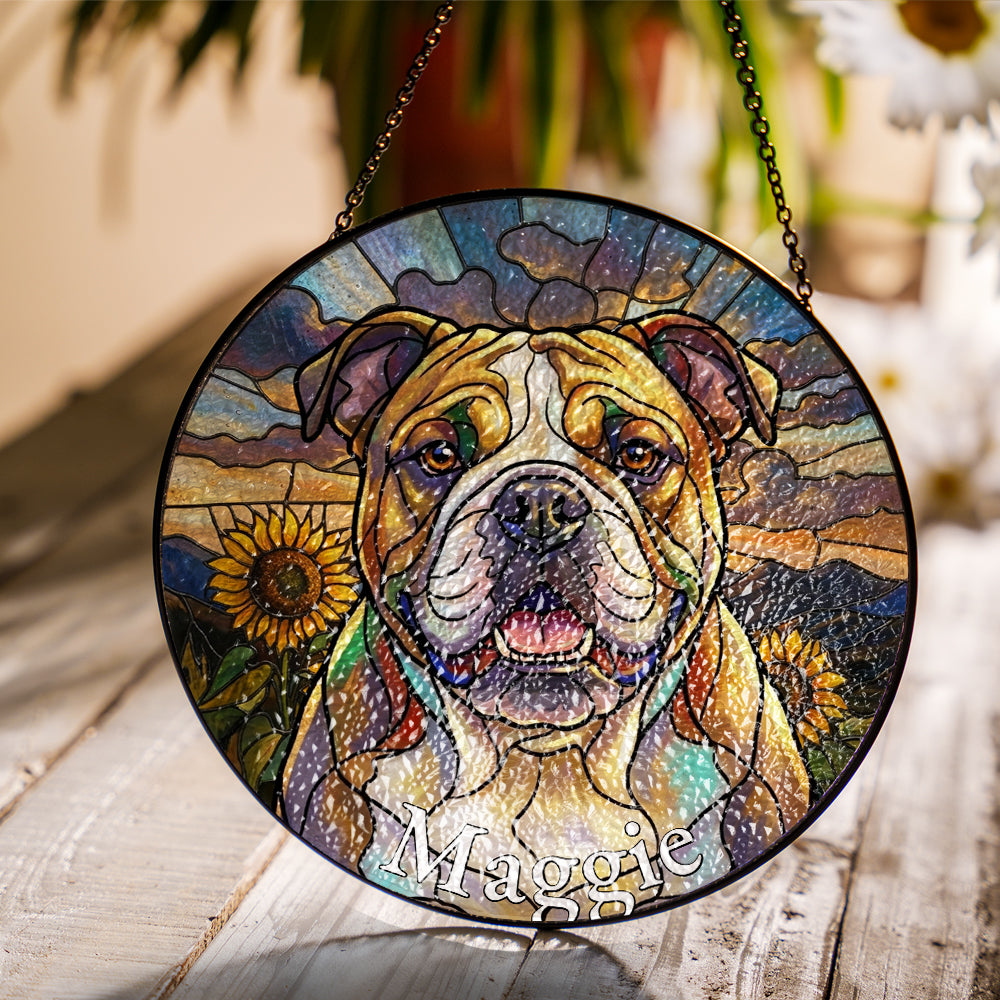 Personalized Bulldog And Sunflower Stained Glass Ornament