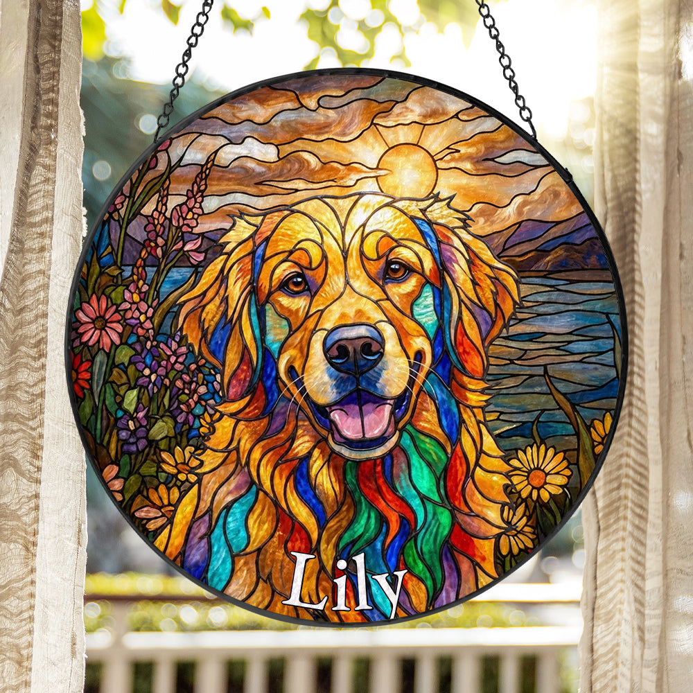 Personalized Dog And Flowers Stained Glass Ornament