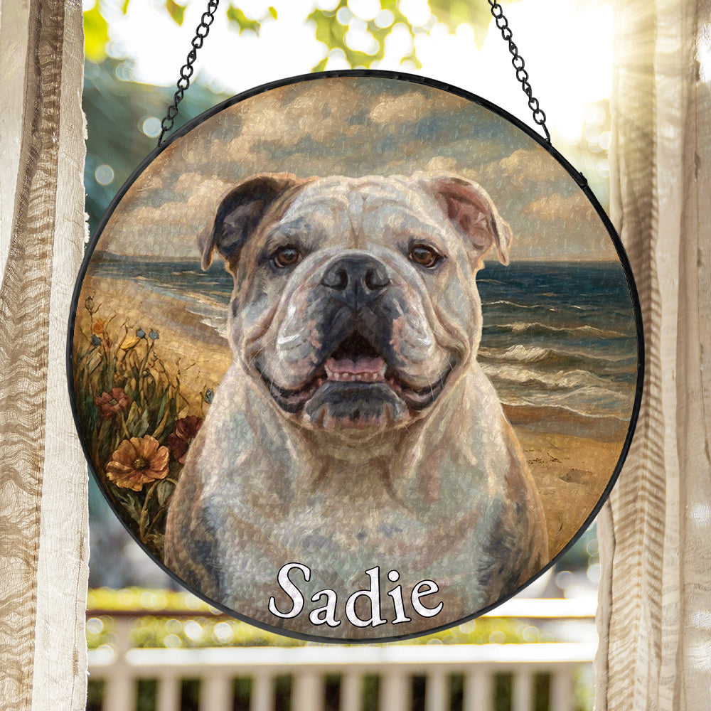 Personalized Bulldog At The Beach Stained Glass Ornament