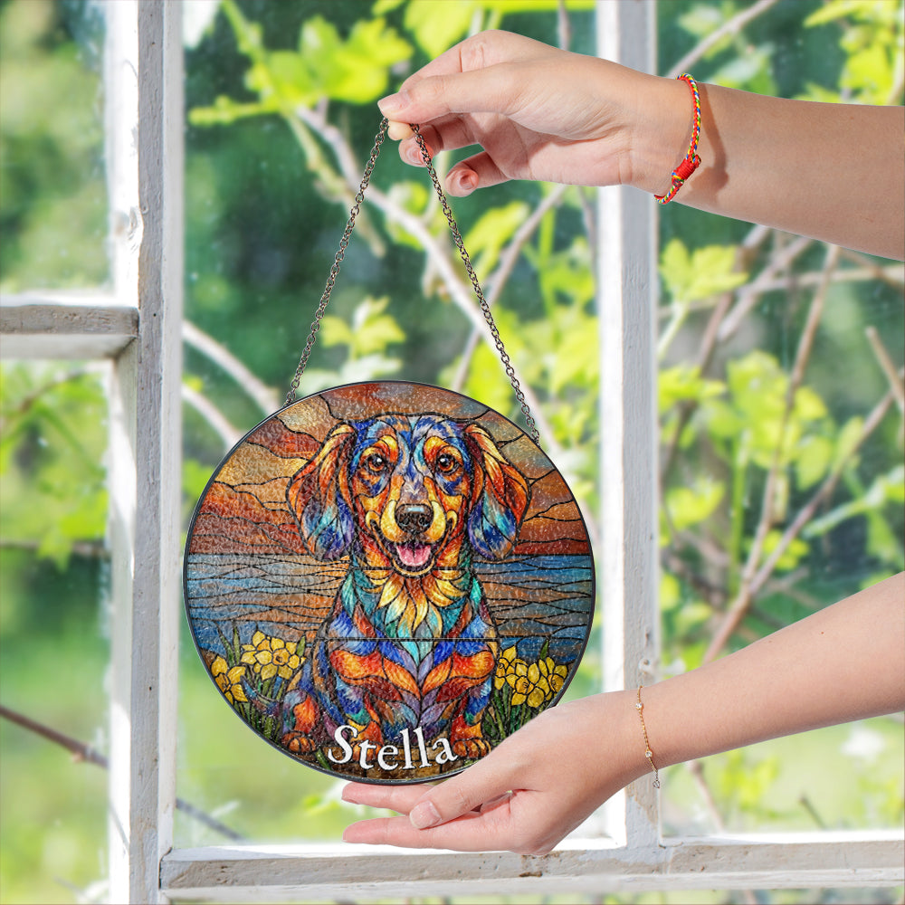 Personalized Dachshund & Daffodil Stained Glass Ornament