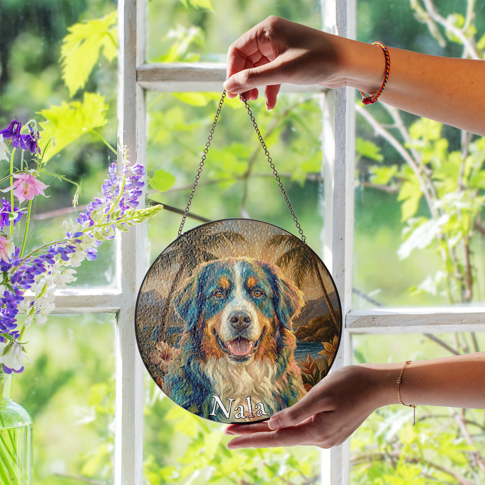 Personalized Tropical Dog Portrait Stained Glass Ornament