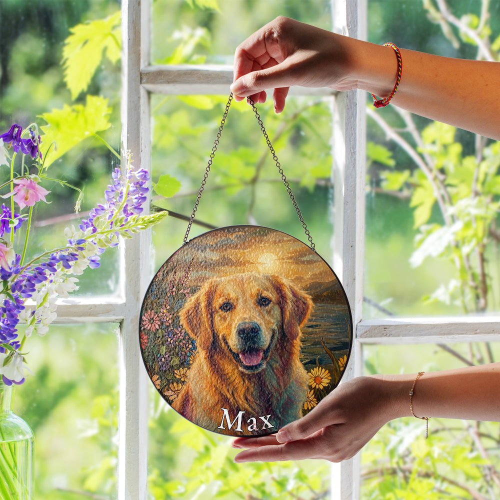 Personalized Floral Golden Retriever Stained Glass Ornament