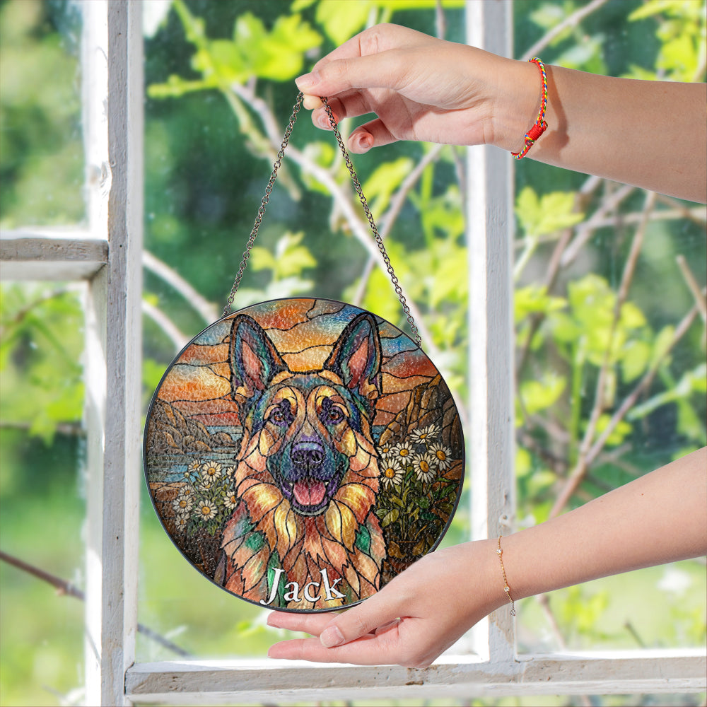 Personalized German Shepherd Daisy Stained Glass Ornament