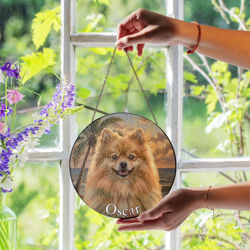 Personalized Pet Portrait Sunset Stained Glass Ornament