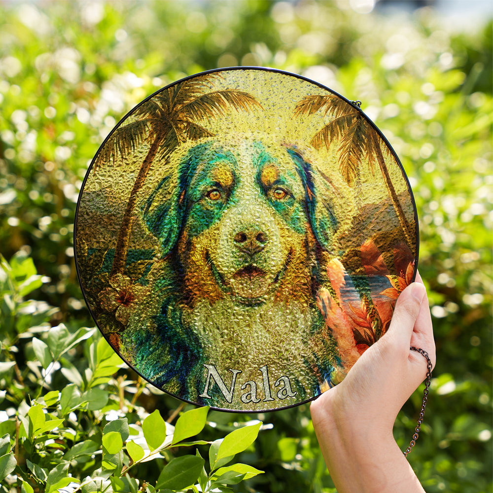 Personalized Tropical Dog Portrait Stained Glass Ornament