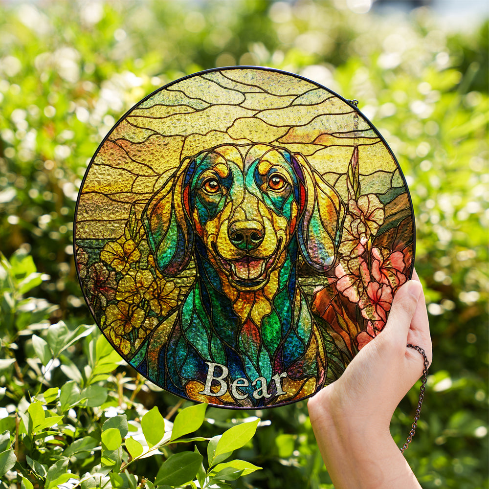Personalized Dachshund & Flowers Stained Glass Ornament