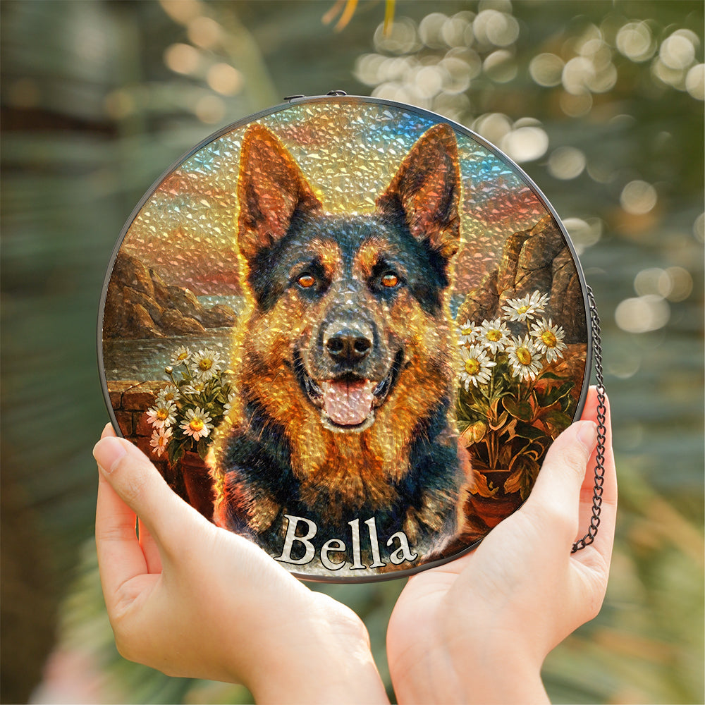 Personalized German Shepherd Daisies Stained Glass Ornament