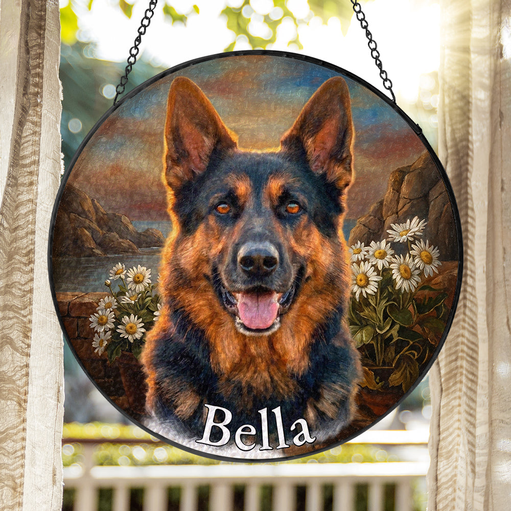 Personalized German Shepherd Daisies Stained Glass Ornament