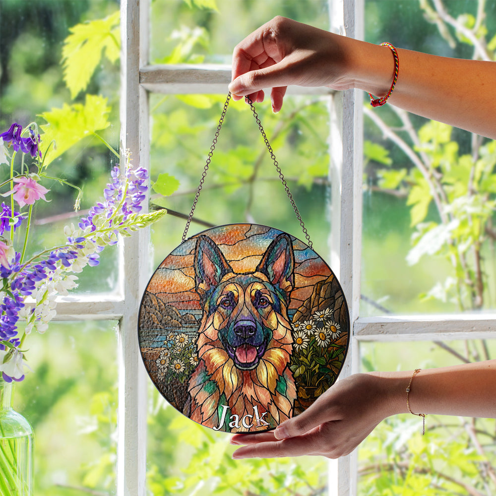 Personalized German Shepherd Daisy Stained Glass Ornament