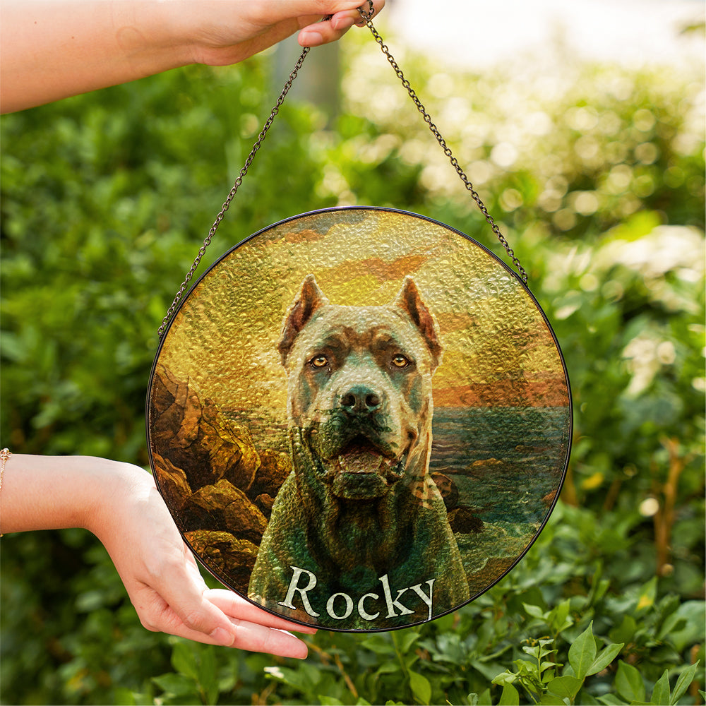 Personalized Pet Portrait Sunset Stained Glass Ornament