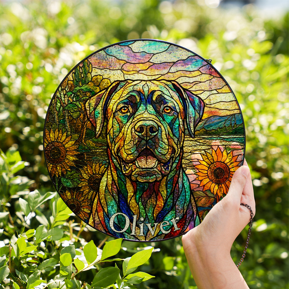 Personalized Dog & Sunflower Stained Glass Ornament