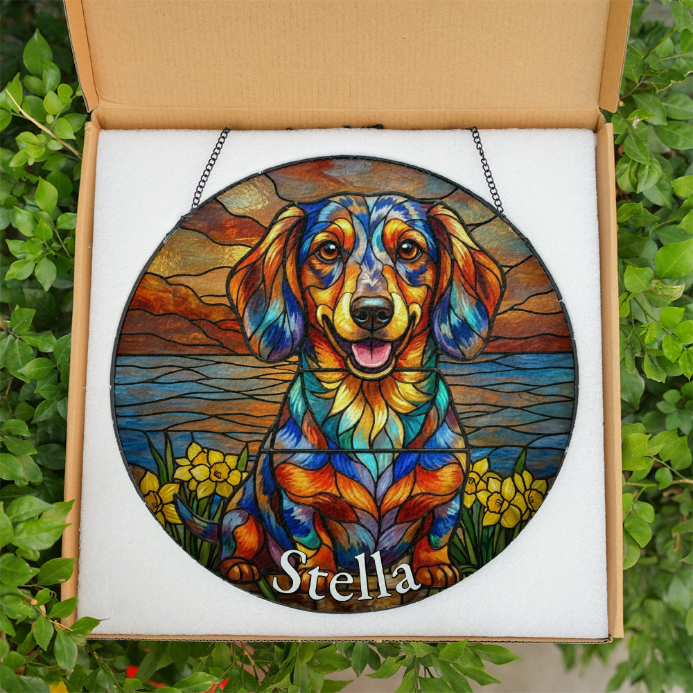 Personalized Dachshund & Daffodil Stained Glass Ornament