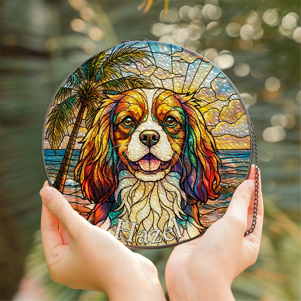 Personalized Cavalier Spaniel Beach Stained Glass Ornament