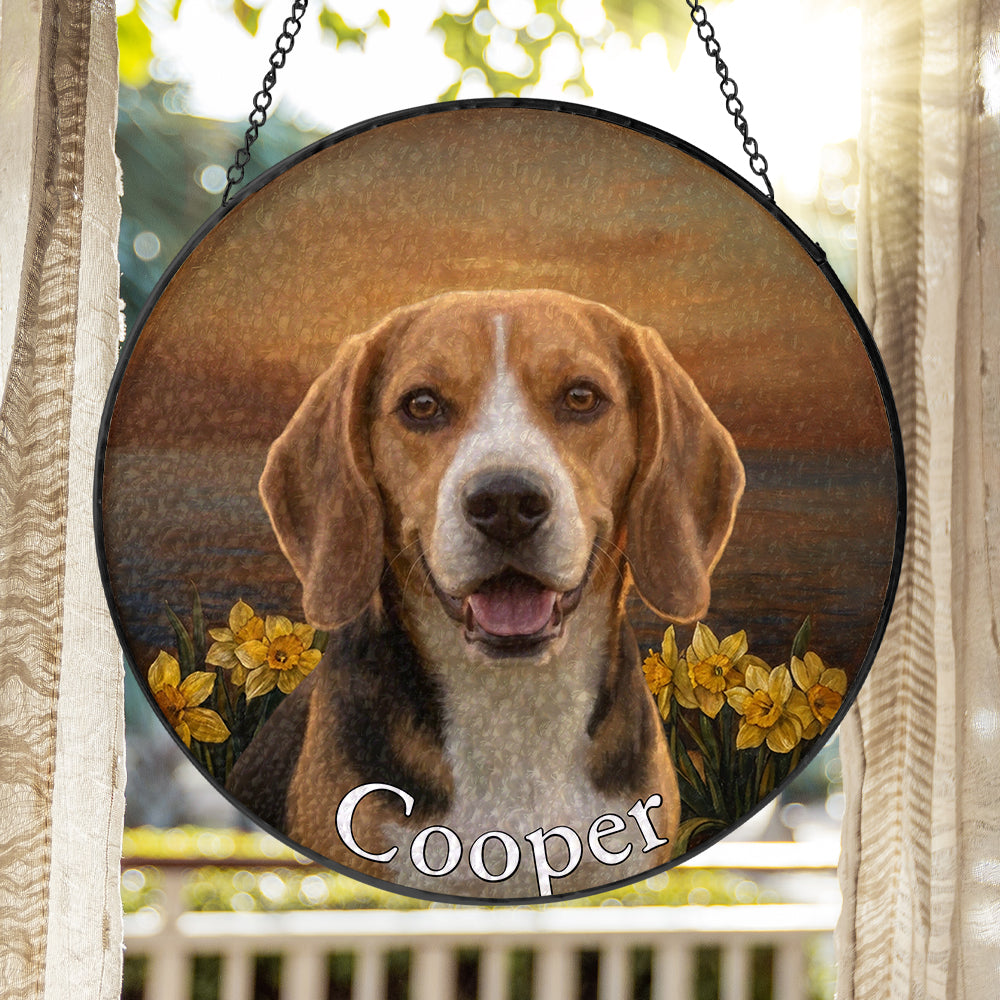 Personalized Beagle & Daffodil Stained Glass Ornament