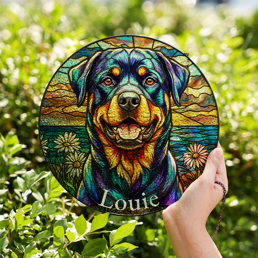 Personalized Rottweiler & Daisy Stained Glass Ornament