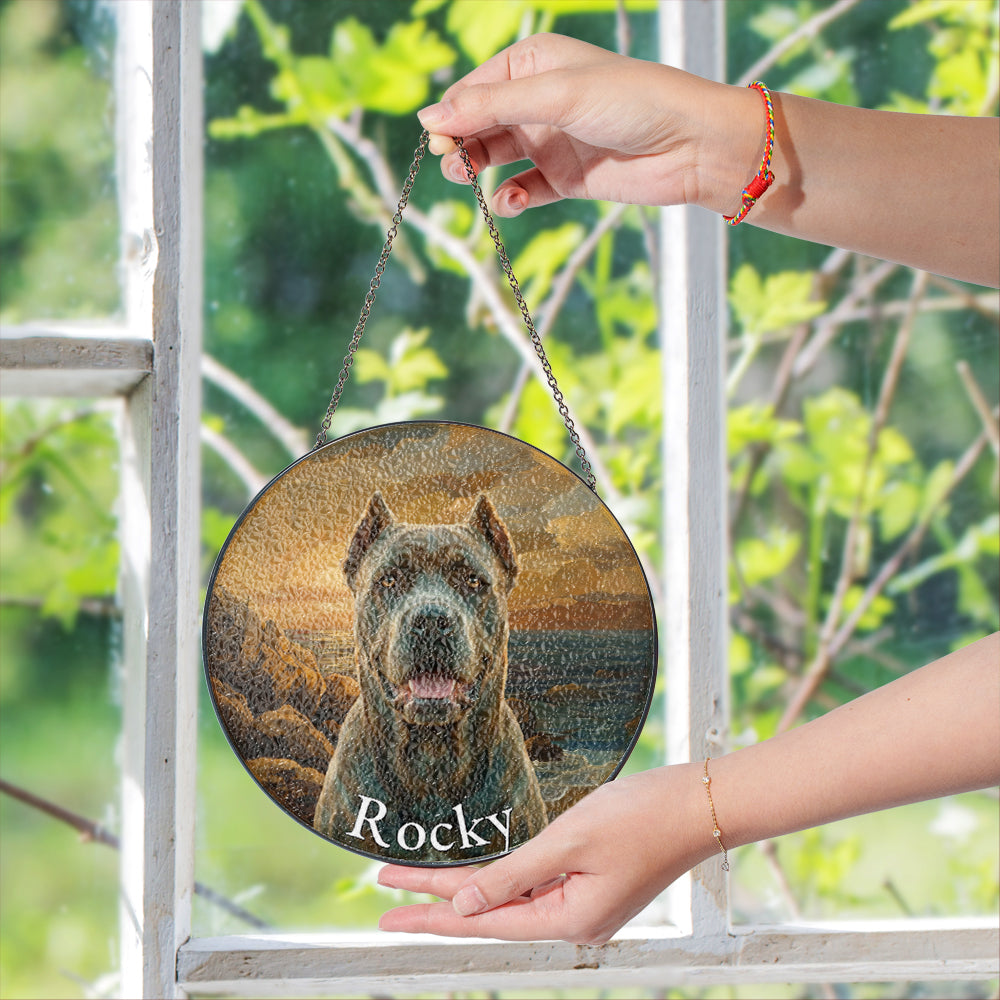 Personalized Pet Portrait Sunset Stained Glass Ornament