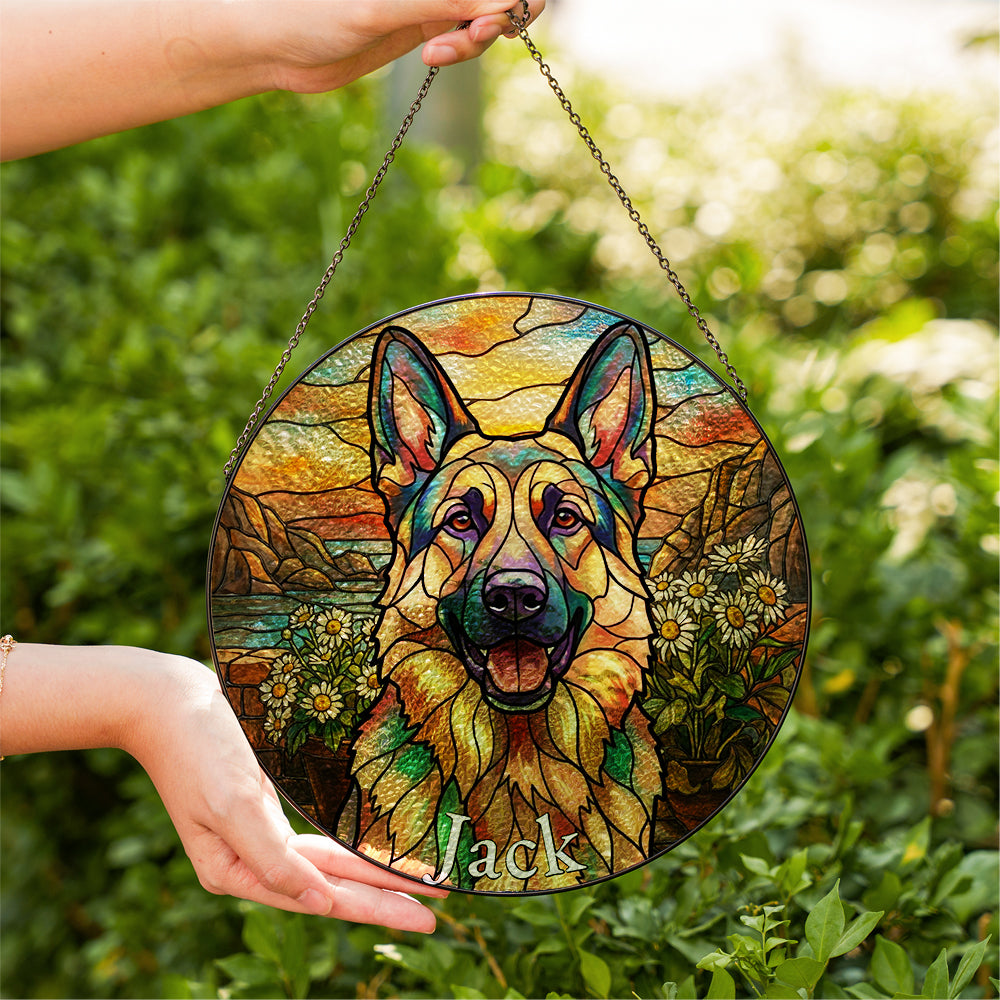 Personalized German Shepherd Daisy Stained Glass Ornament