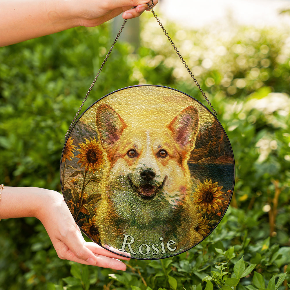 Personalized Corgi & Sunflowers Stained Glass Ornament