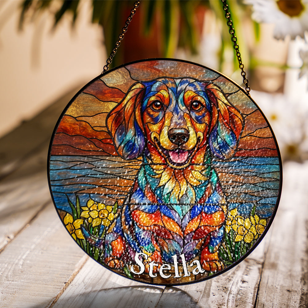 Personalized Dachshund & Daffodil Stained Glass Ornament