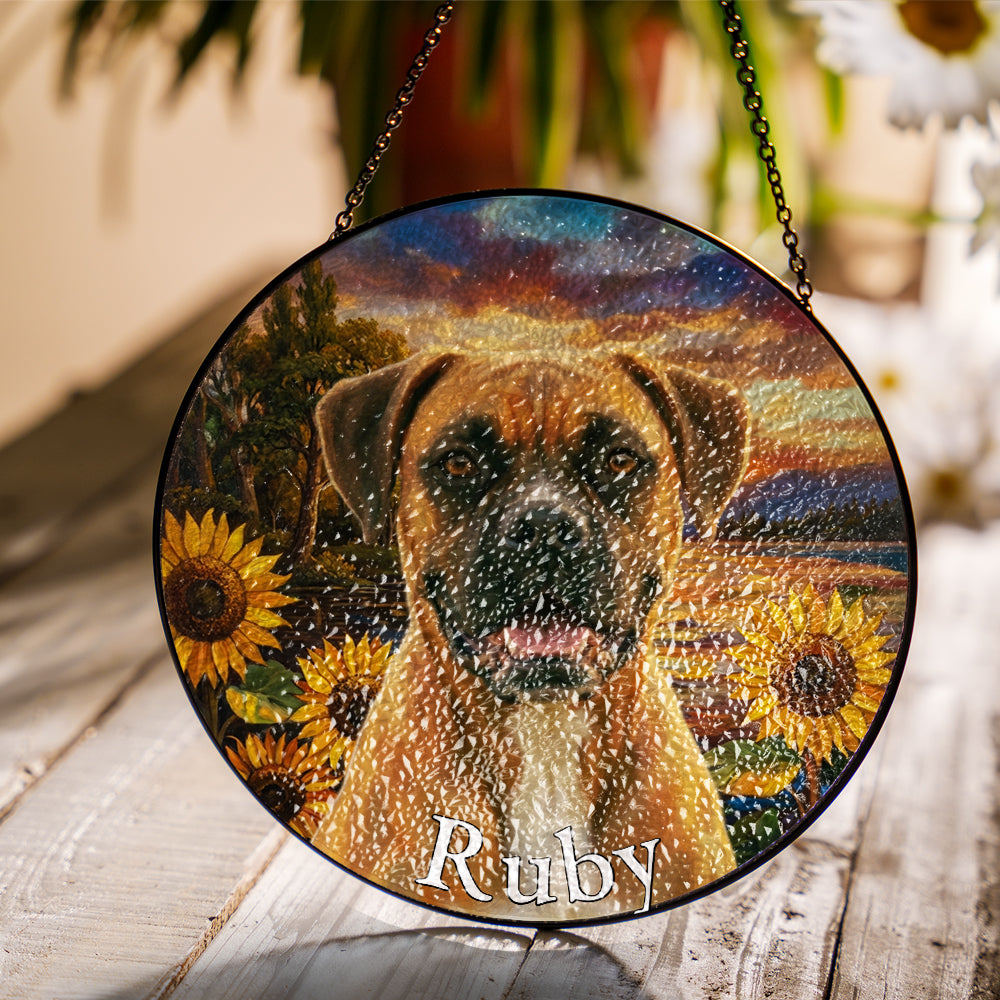 Personalized Boxer & Sunflowers Stained Glass Ornament