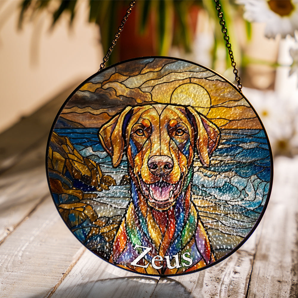 Personalized Dog At The Beach Stained Glass Ornament