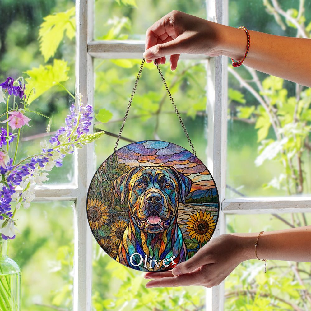 Personalized Dog & Sunflower Stained Glass Ornament
