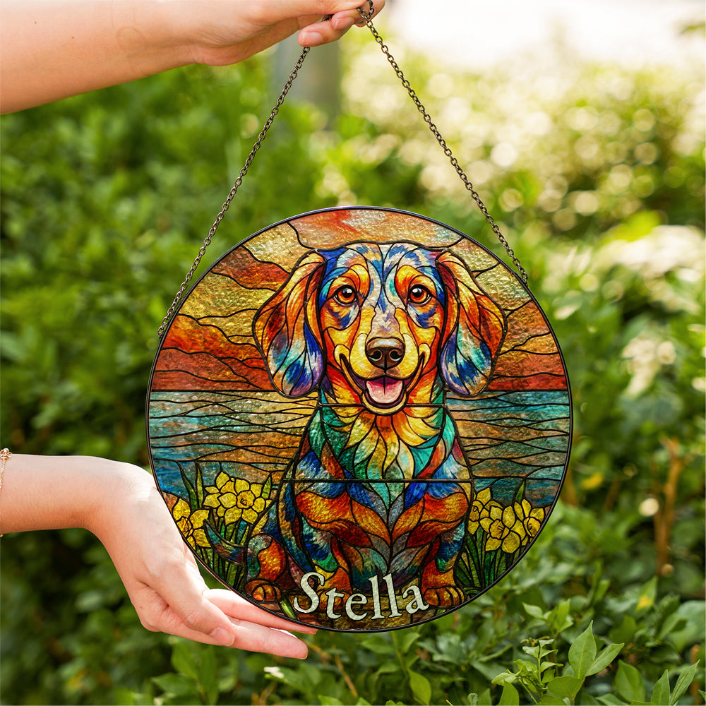 Personalized Dachshund & Daffodil Stained Glass Ornament