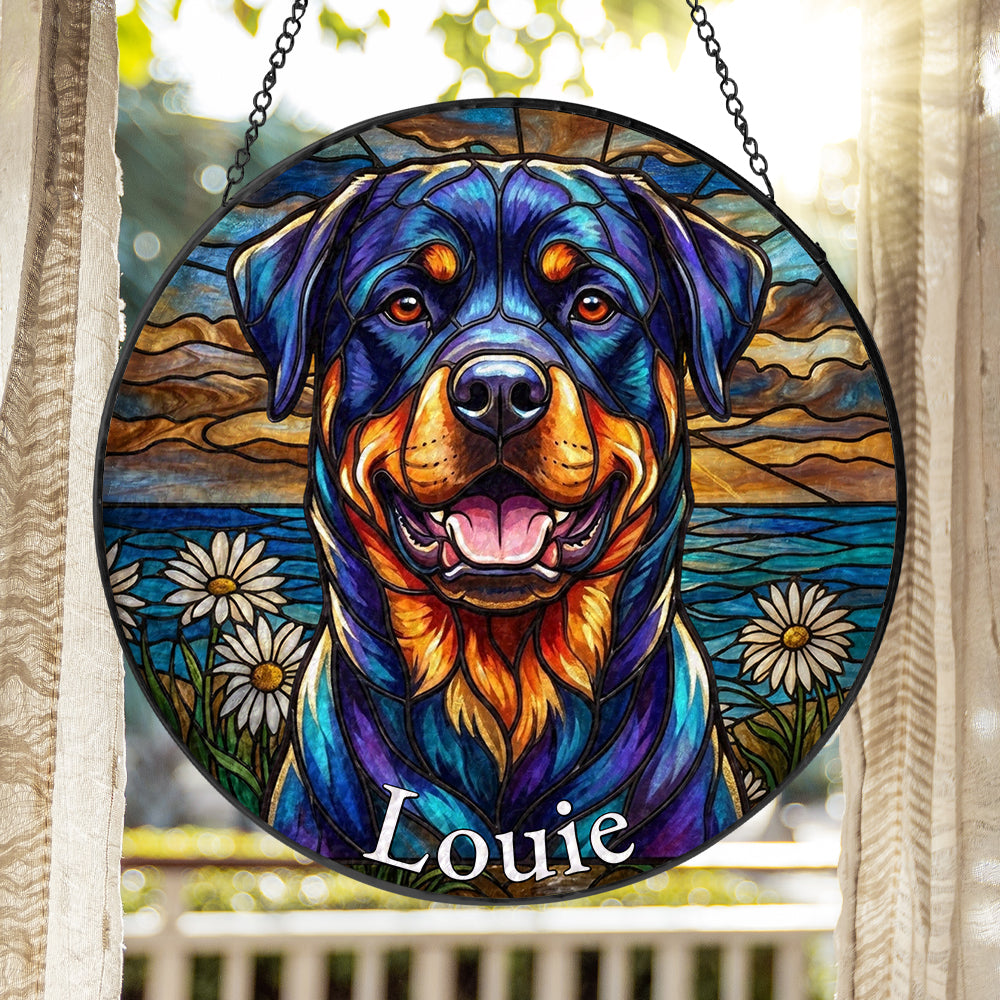 Personalized Rottweiler & Daisy Stained Glass Ornament