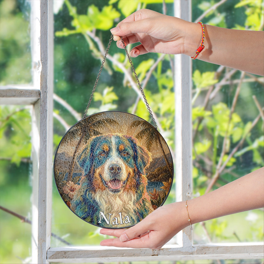 Personalized Tropical Dog Portrait Stained Glass Ornament