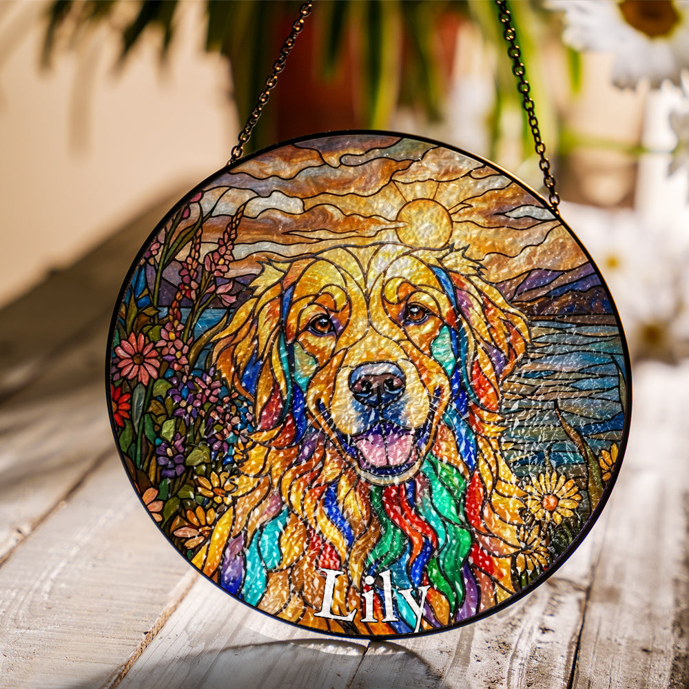 Personalized Dog And Flowers Stained Glass Ornament