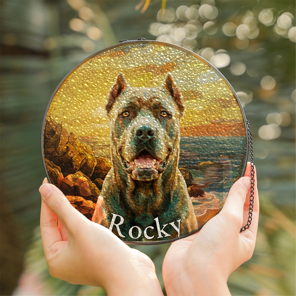Personalized Pet Portrait Sunset Stained Glass Ornament