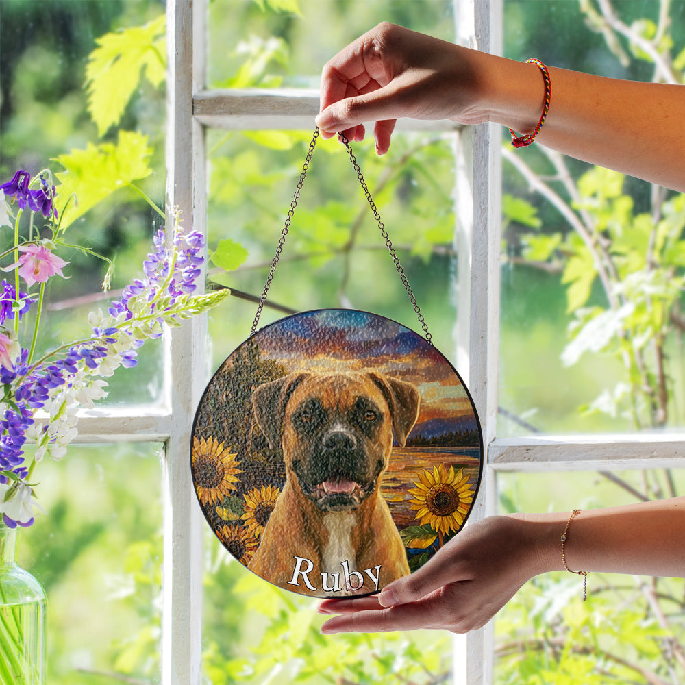 Personalized Boxer & Sunflowers Stained Glass Ornament