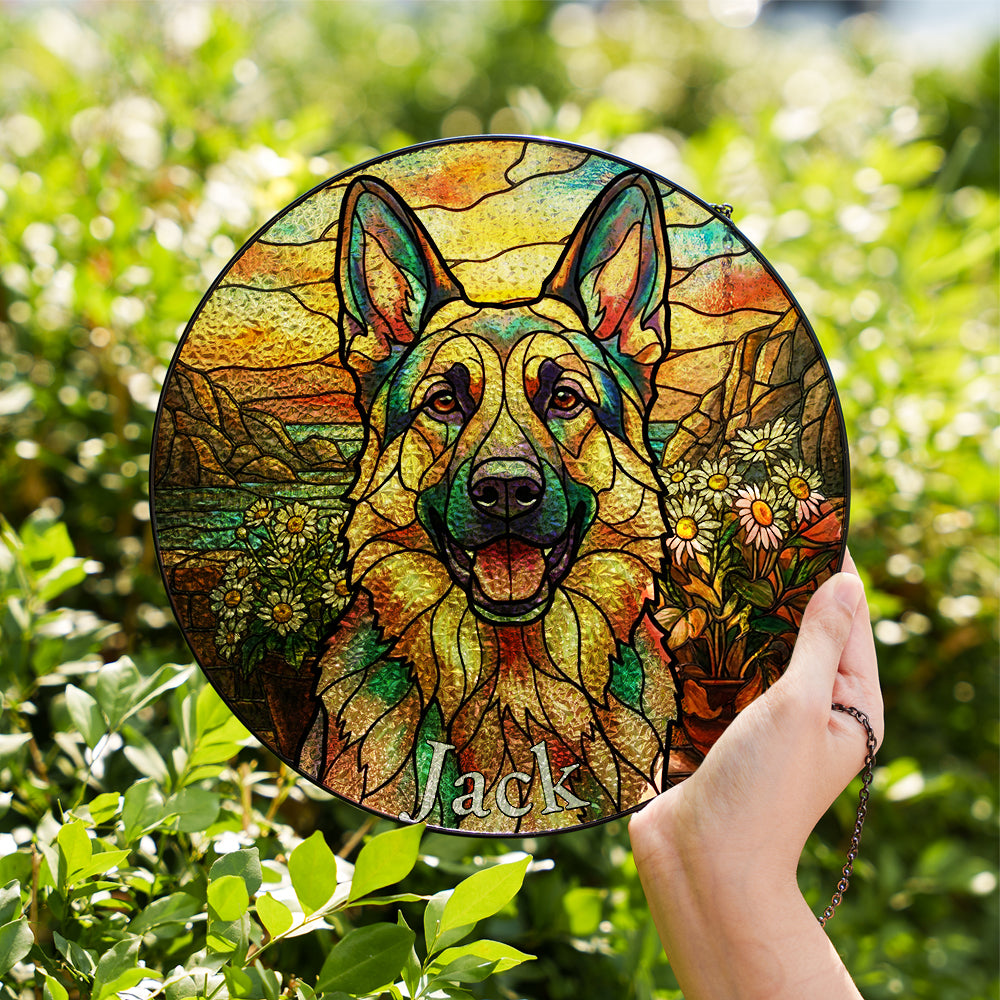 Personalized German Shepherd Daisy Stained Glass Ornament