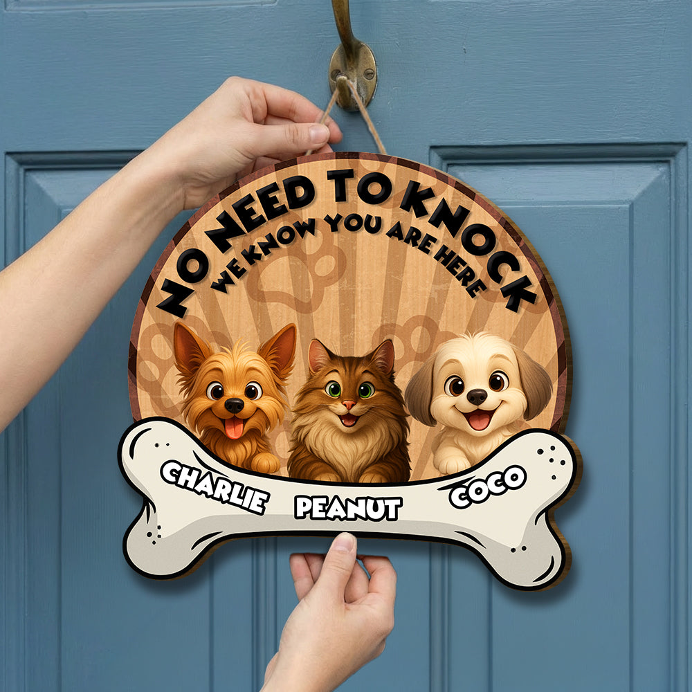 Personalized Bone Shaped Door Sign - No Need To Knock - Up to 6 Cats and/or Dogs