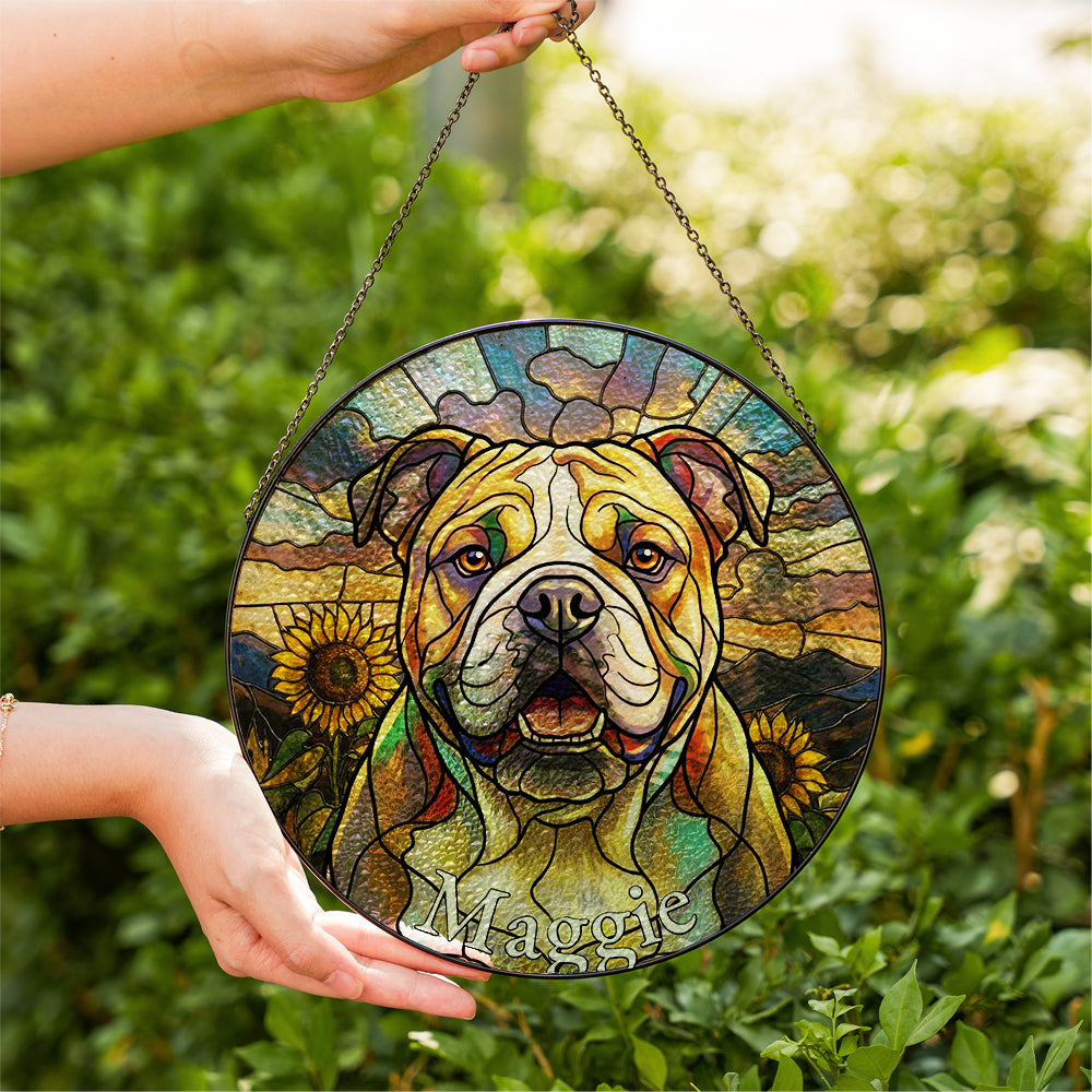 Personalized Bulldog And Sunflower Stained Glass Ornament