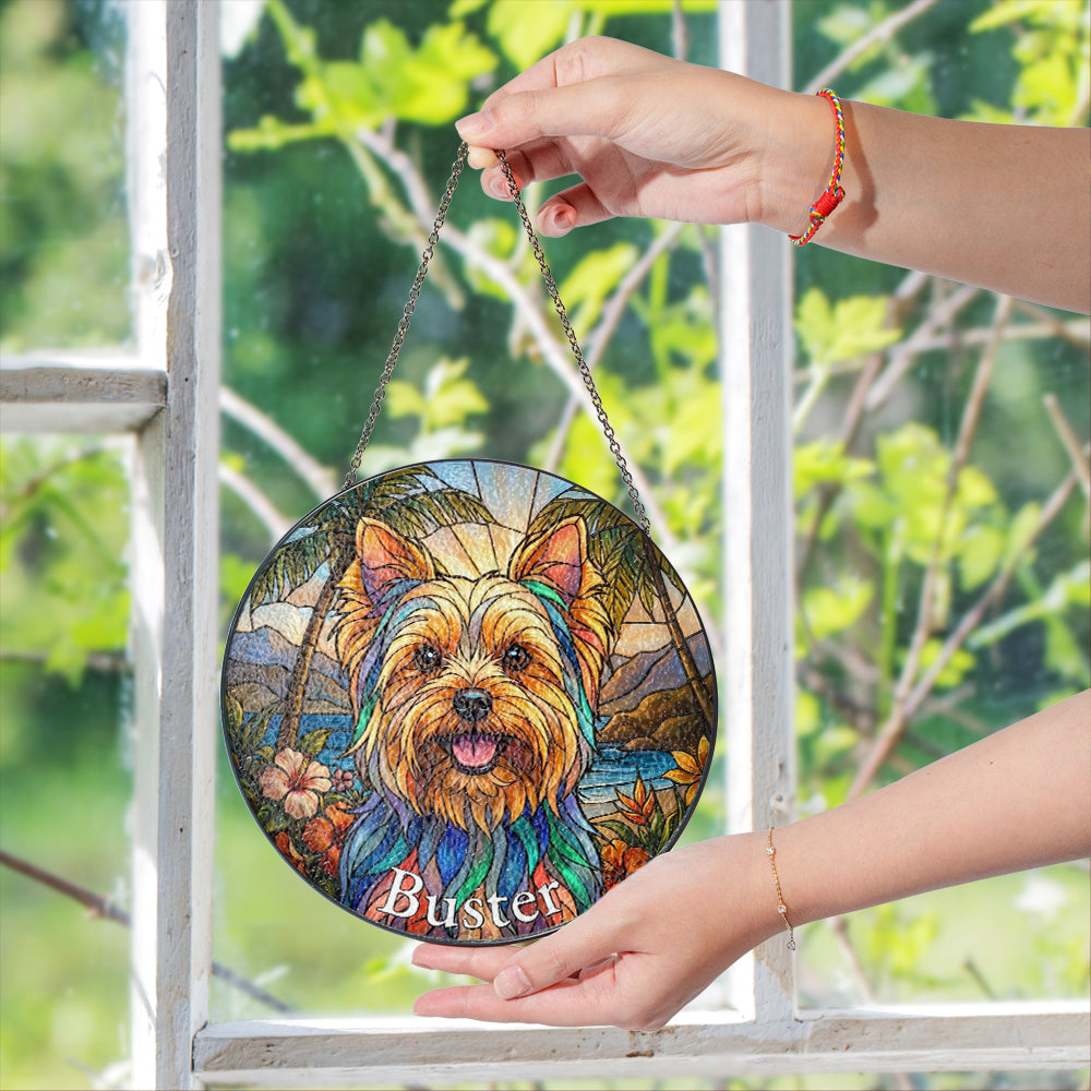 Personalized Tropical Pet Portrait Stained Glass Ornament