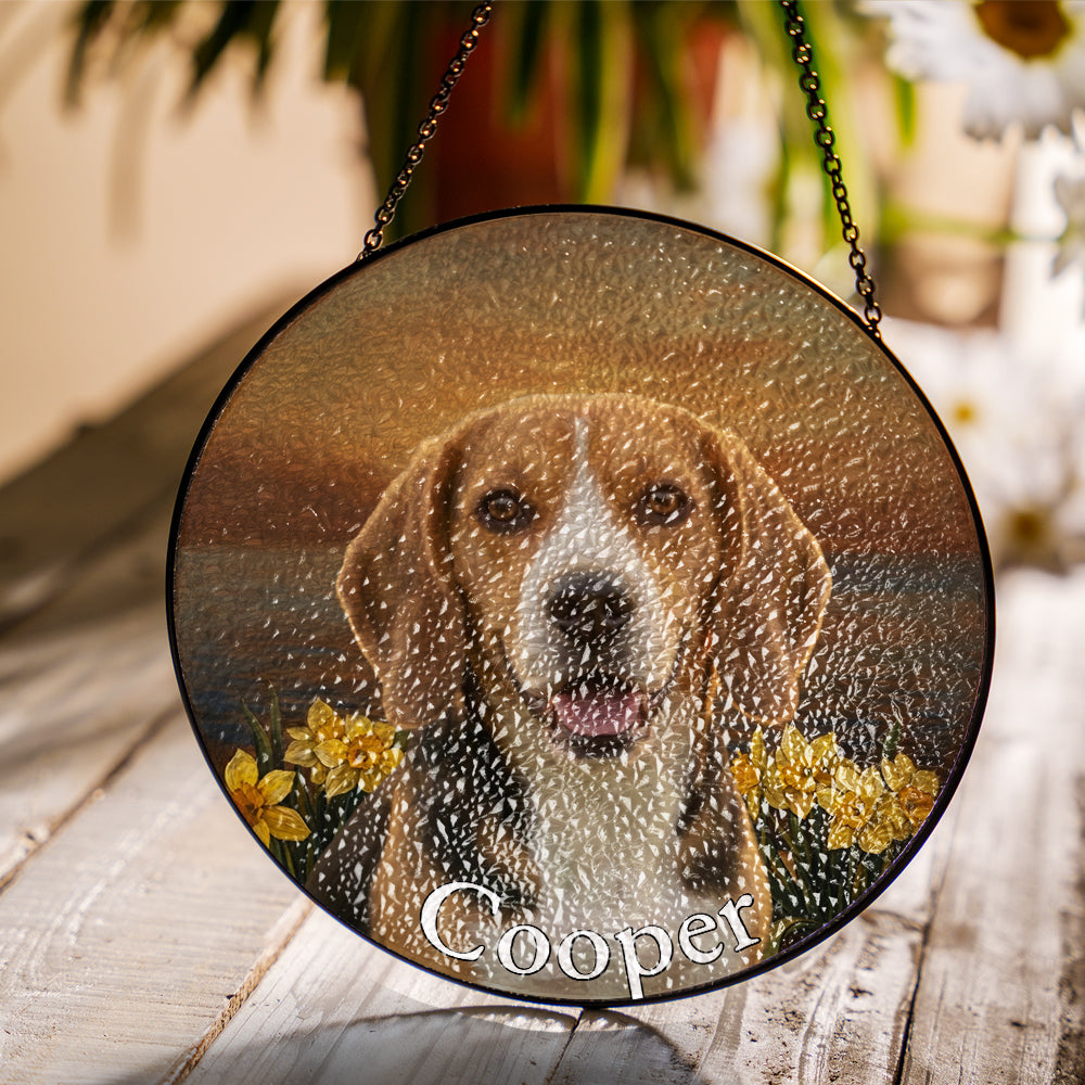 Personalized Beagle & Daffodil Stained Glass Ornament